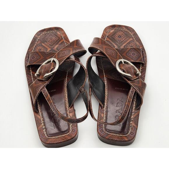 Prada - Cross Strap Leather Slingback Sandal Slide Low Heel Brown Size 40 - Picture 4 of 12